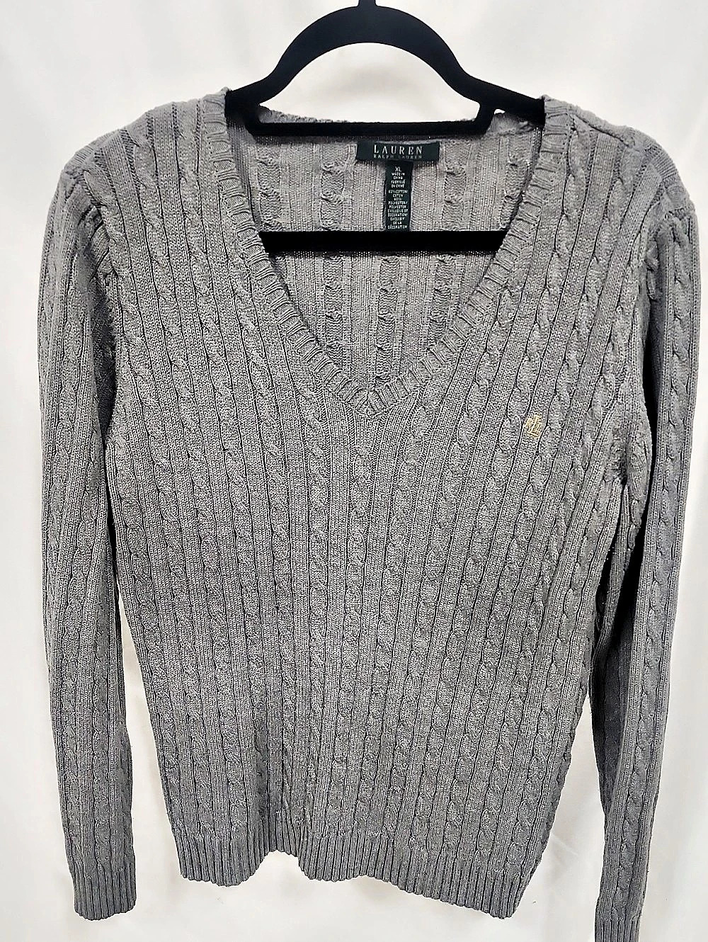 Lauren Ralph Lauren Cable Knit V-Neck Sweater Gray XL